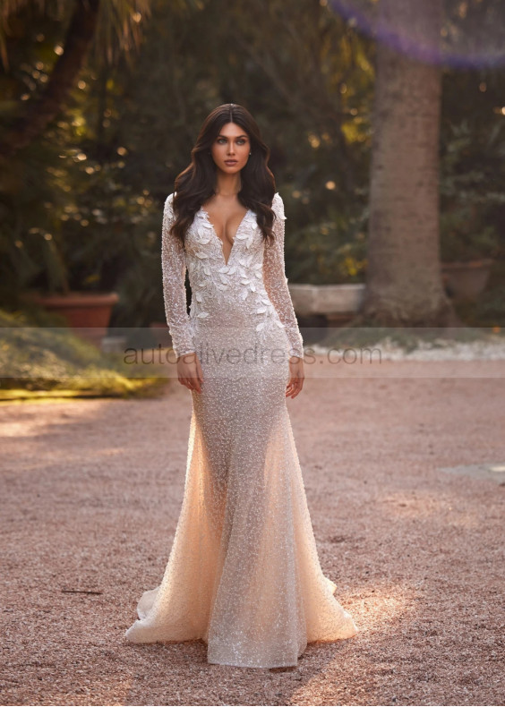 Long Sleeves Glitter Lace Tulle V Back Luxurious Wedding Dress